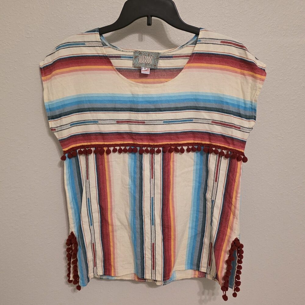 Silverado Womens Blouse Top Small Southwest Aztec Pom Pom USA Cap Sleeve Serape